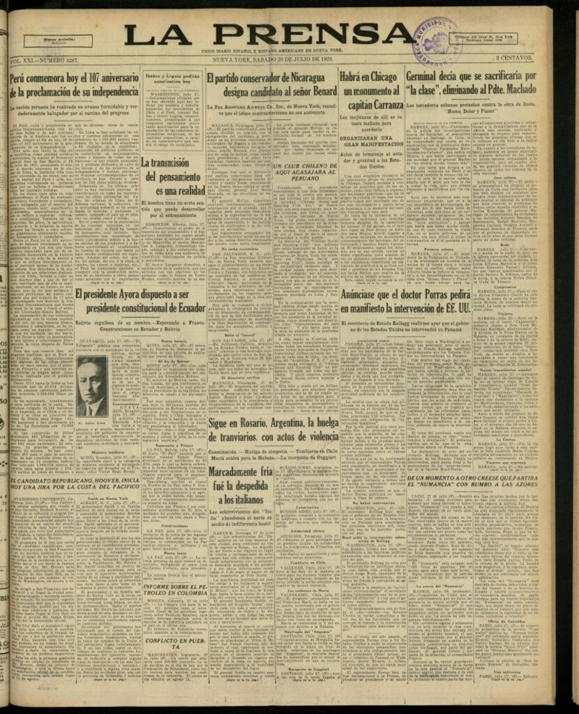Miniatura de La Prensa: único diario español e hispano americano en Nueva York, del 28 de julio de 1928, nº 3287