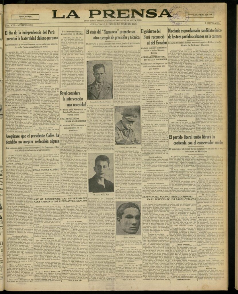 Miniatura de La Prensa: único diario español e hispano americano en Nueva York, del 30 de julio de 1928, nº 3288