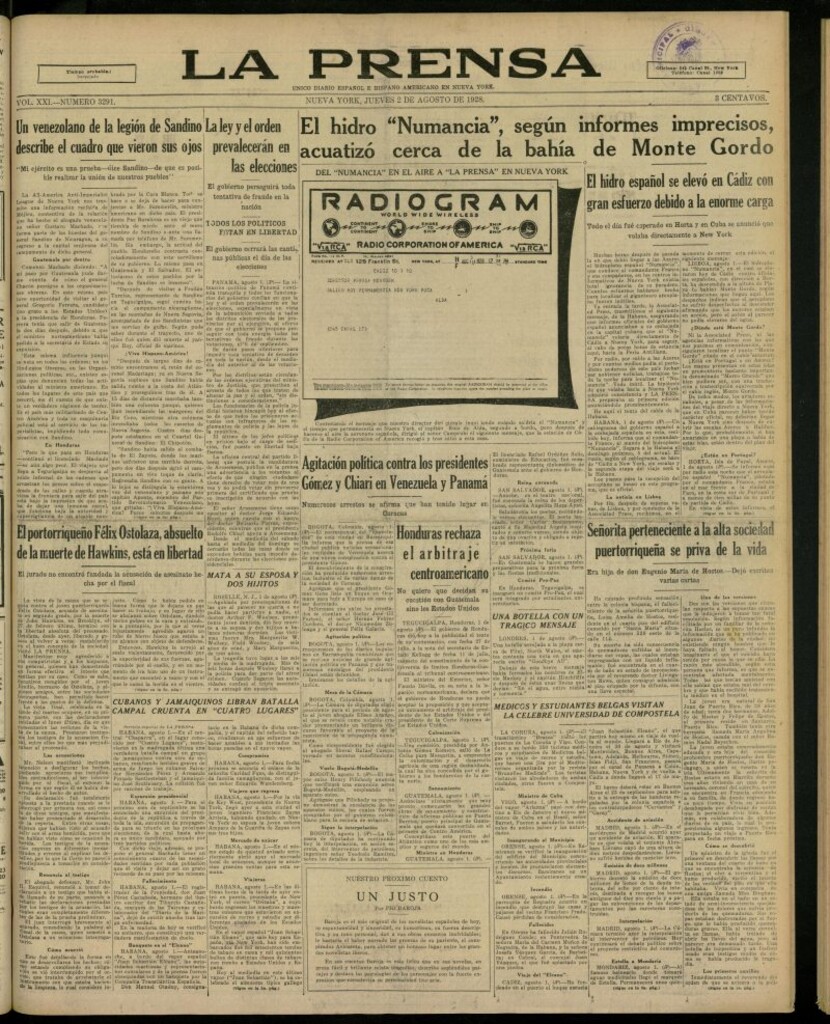 Miniatura de La Prensa: único diario español e hispano americano en Nueva York, del 2 de agosto de 1928, nº 3291