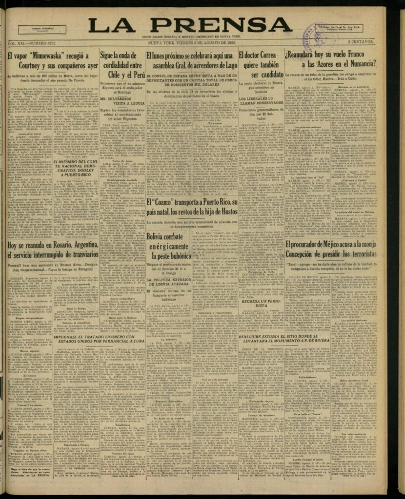 Miniatura de La Prensa: único diario español e hispano americano en Nueva York, del 3 de agosto de 1928, nº 3292