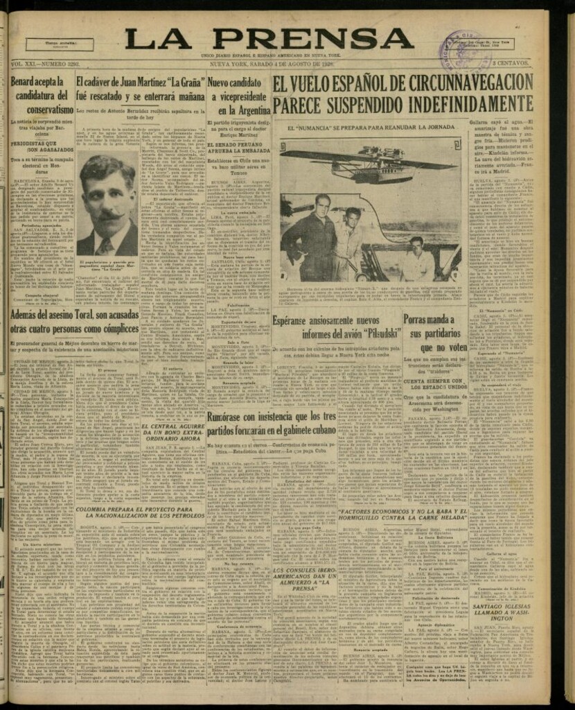 Miniatura de La Prensa: único diario español e hispano americano en Nueva York, del 4 de agosto de 1928, nº 3293