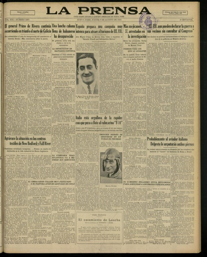Miniatura de La Prensa: único diario español e hispano americano en Nueva York, del 9 de agosto de 1928, nº 3297