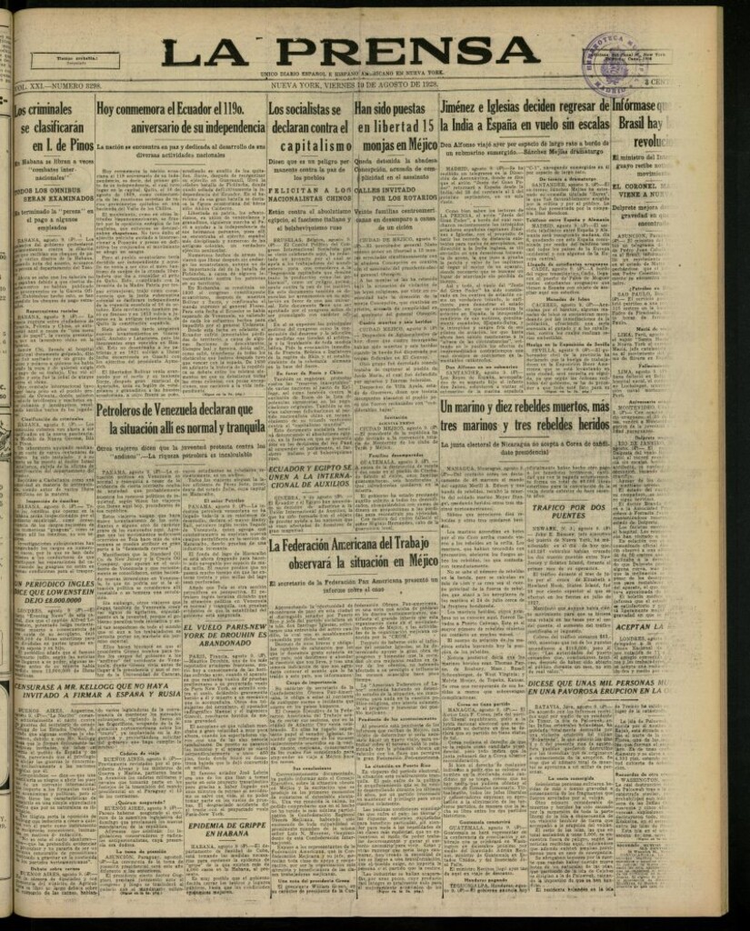 Miniatura de La Prensa: único diario español e hispano americano en Nueva York, del 10 de agosto de 1928, nº 3298