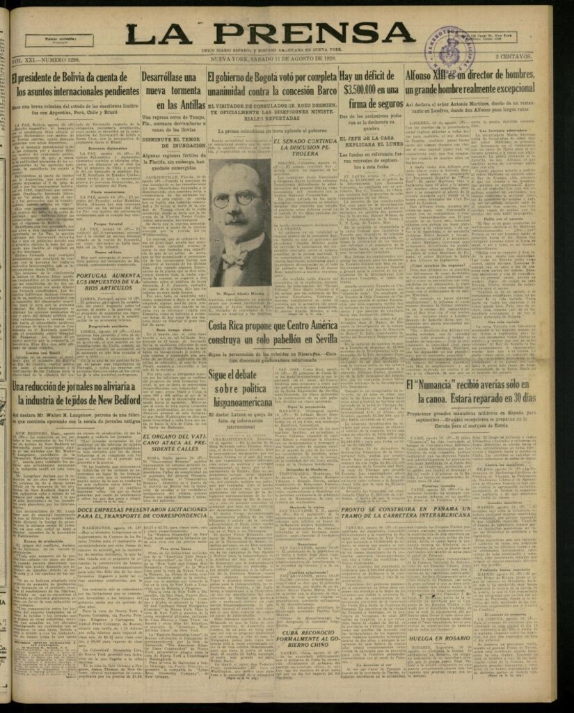 Miniatura de La Prensa: único diario español e hispano americano en Nueva York, del 11 de agosto de 1928, nº 3299