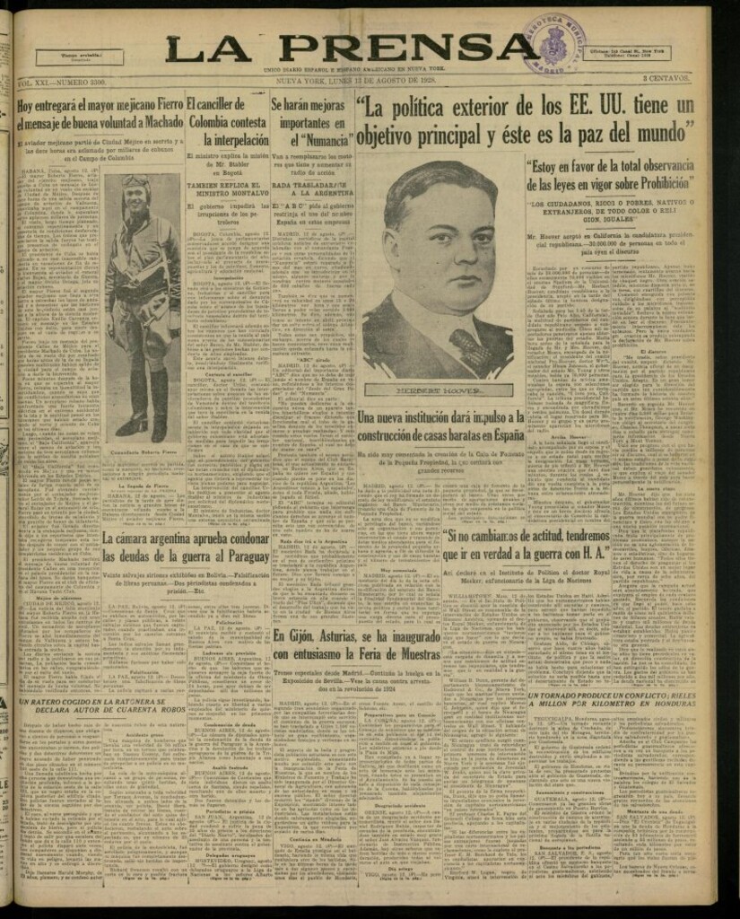 Miniatura de La Prensa: único diario español e hispano americano en Nueva York, del 13 de agosto de 1928, nº 3300