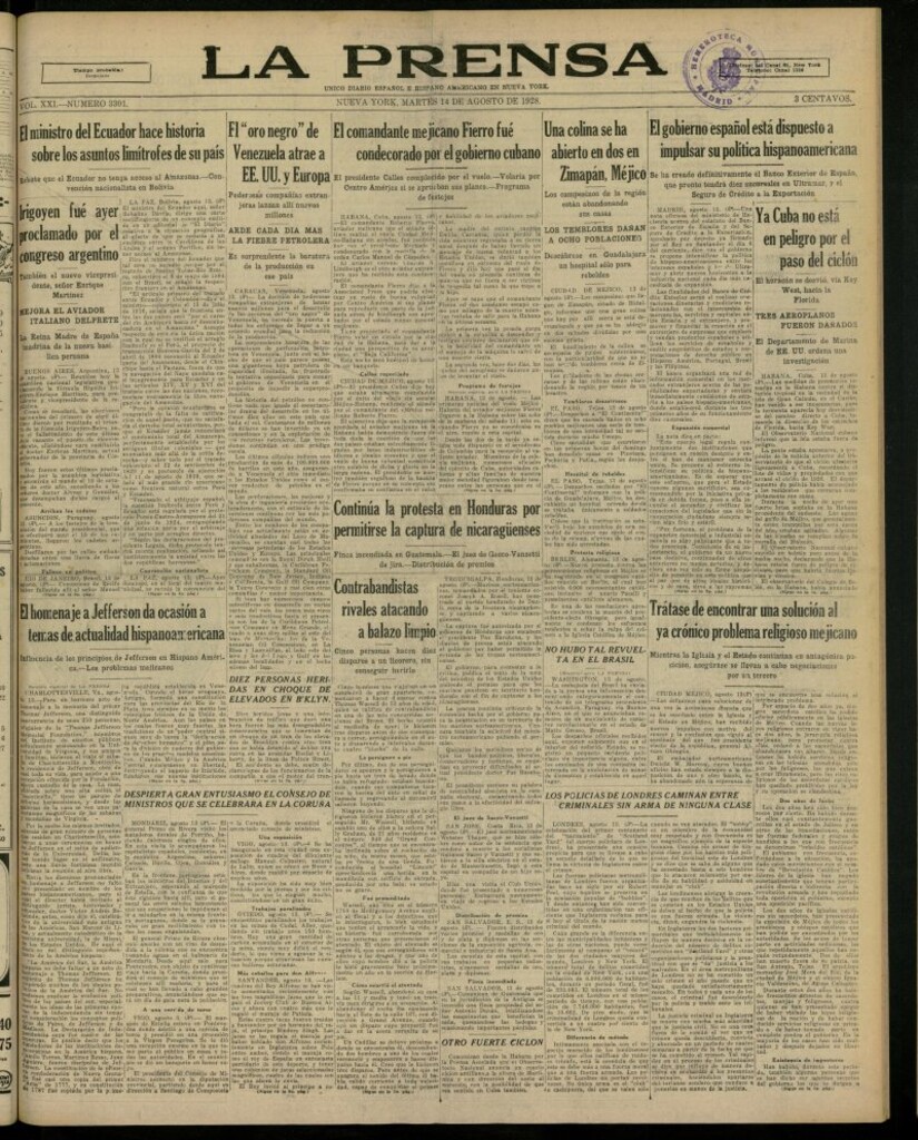 Miniatura de La Prensa: único diario español e hispano americano en Nueva York, del 14 de agosto de 1928, nº 3301