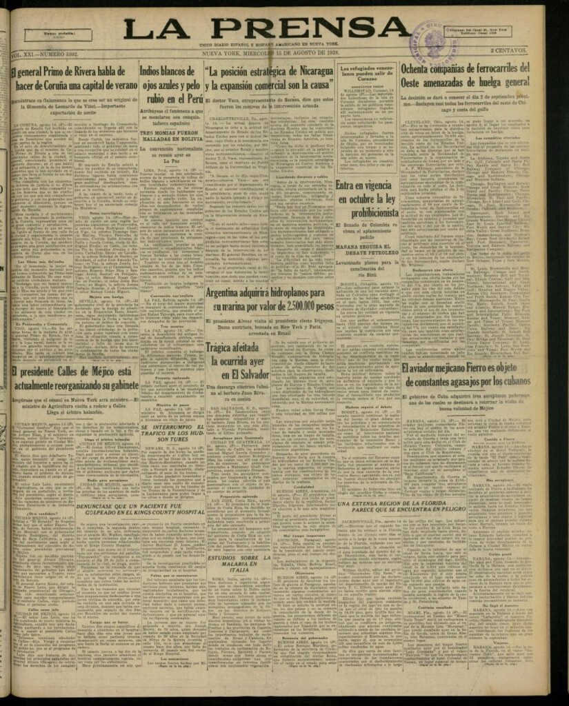 Miniatura de La Prensa: único diario español e hispano americano en Nueva York, del 15 de agosto de 1928, nº 3302