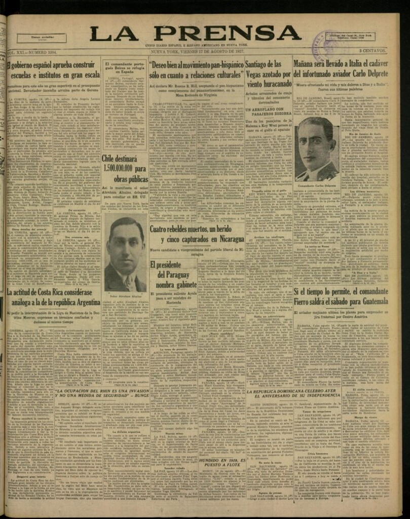 Miniatura de La Prensa: único diario español e hispano americano en Nueva York, del 17 de agosto de 1928, nº 3304