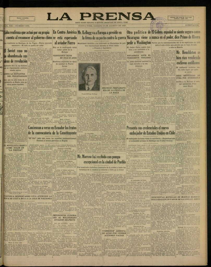 Miniatura de La Prensa: único diario español e hispano americano en Nueva York, del 18 de agosto de 1928, nº 3305