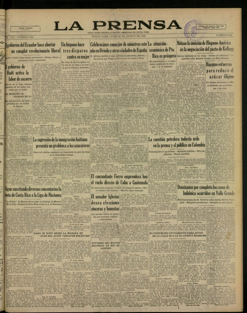 Miniatura de La Prensa: único diario español e hispano americano en Nueva York, del 20 de agosto de 1928, nº 3306