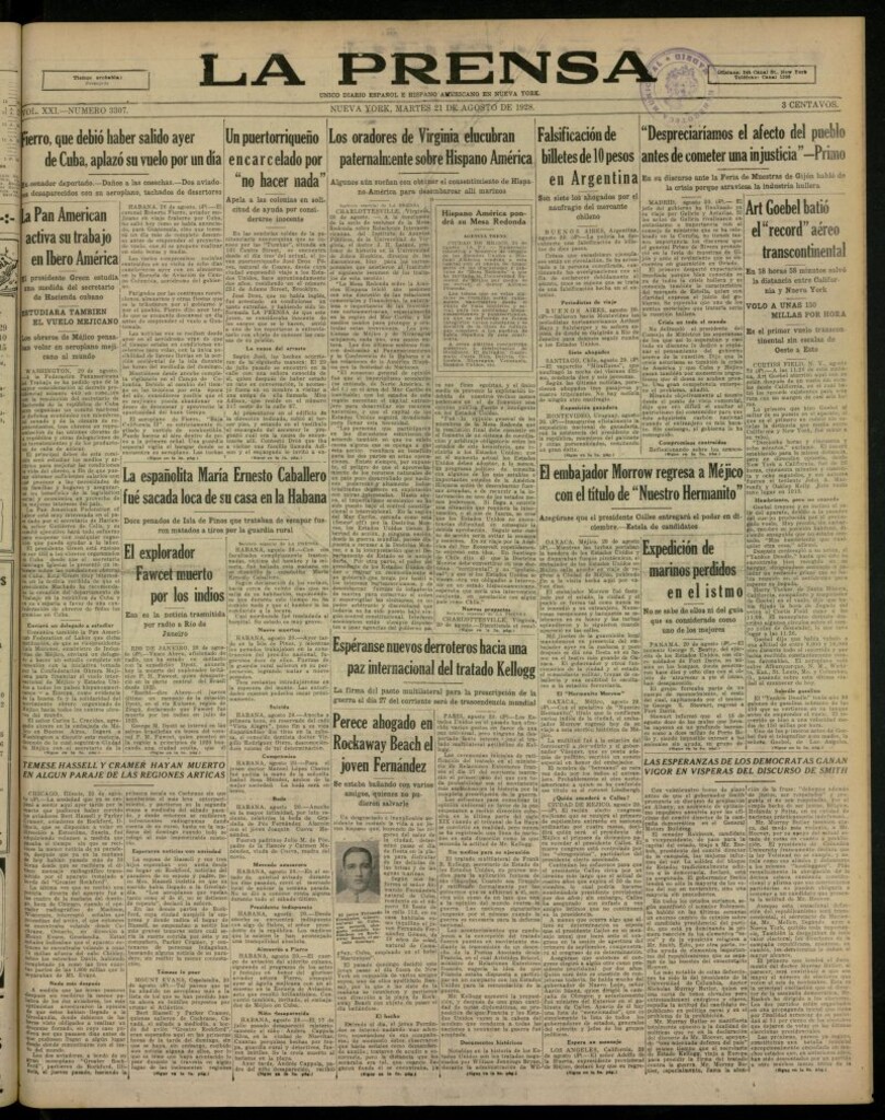 Miniatura de La Prensa: único diario español e hispano americano en Nueva York, del 21 de agosto de 1928, nº 3307