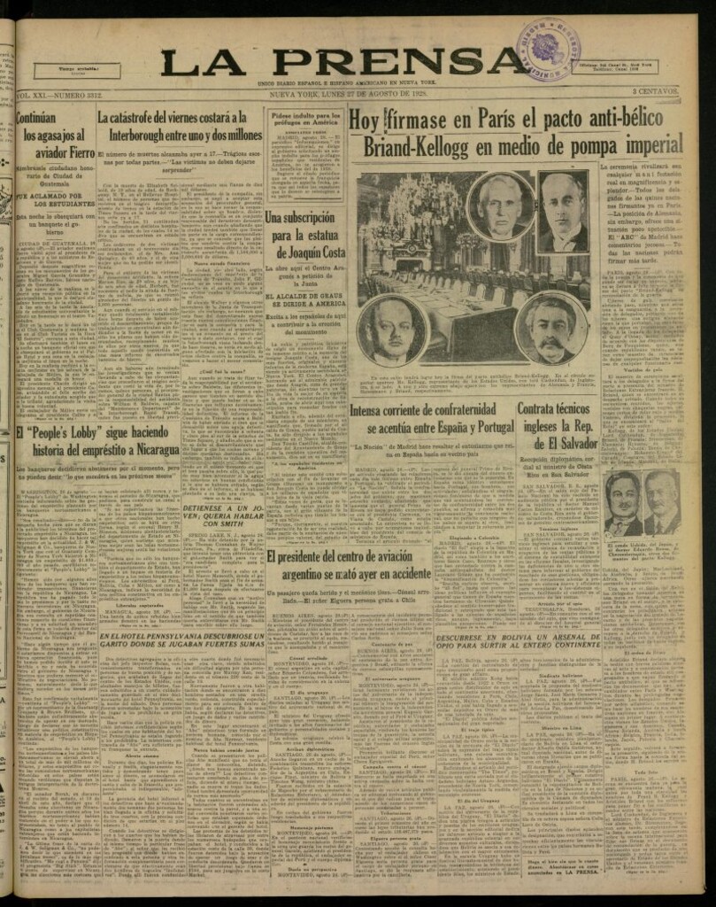Miniatura de La Prensa: único diario español e hispano americano en Nueva York, del 27 de agosto de 1928, nº 3312