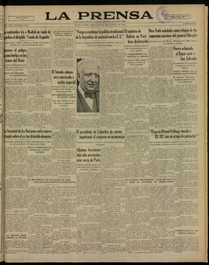 Miniatura de La Prensa: único diario español e hispano americano en Nueva York, del 29 de agosto de 1928, nº 3314