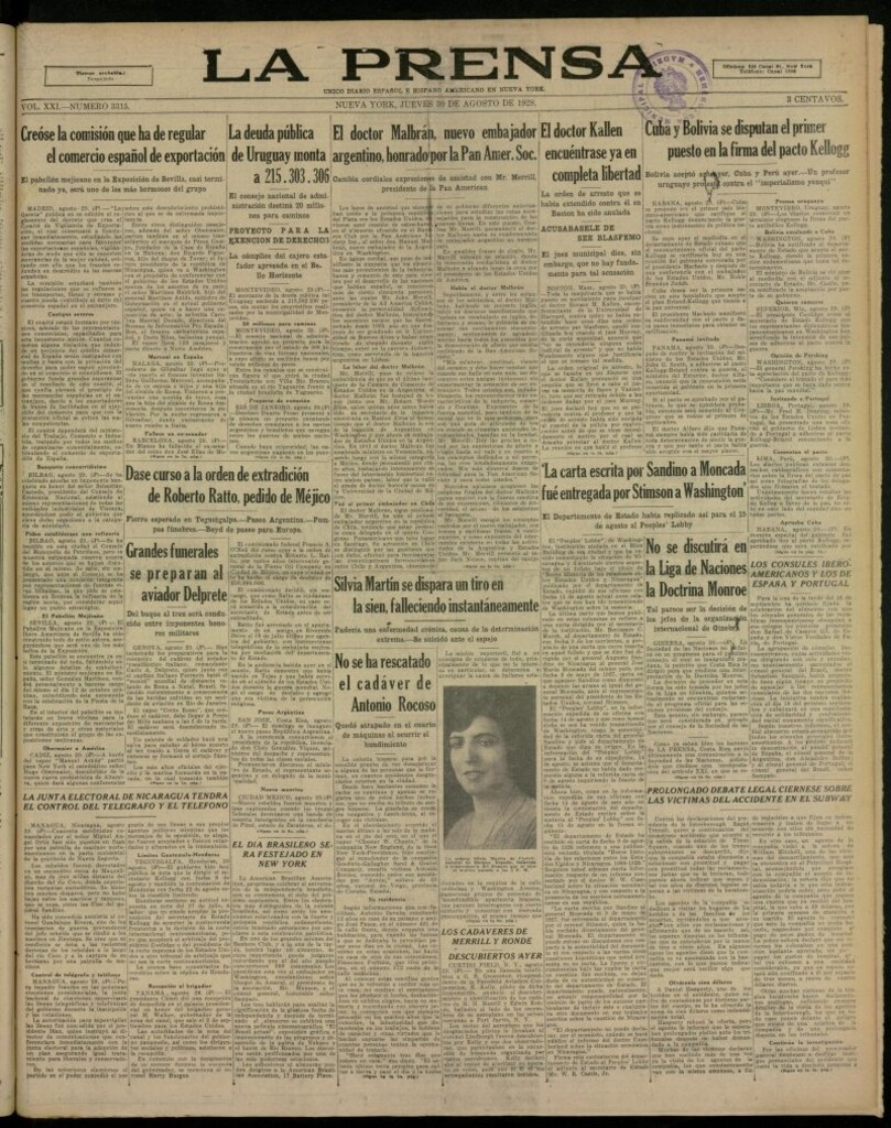 Miniatura de La Prensa: único diario español e hispano americano en Nueva York, del 30 de agosto de 1928, nº 3315
