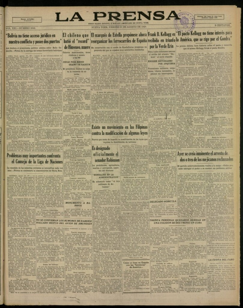 Miniatura de La Prensa: único diario español e hispano americano en Nueva York, del 31 de agosto de 1928, nº 3316