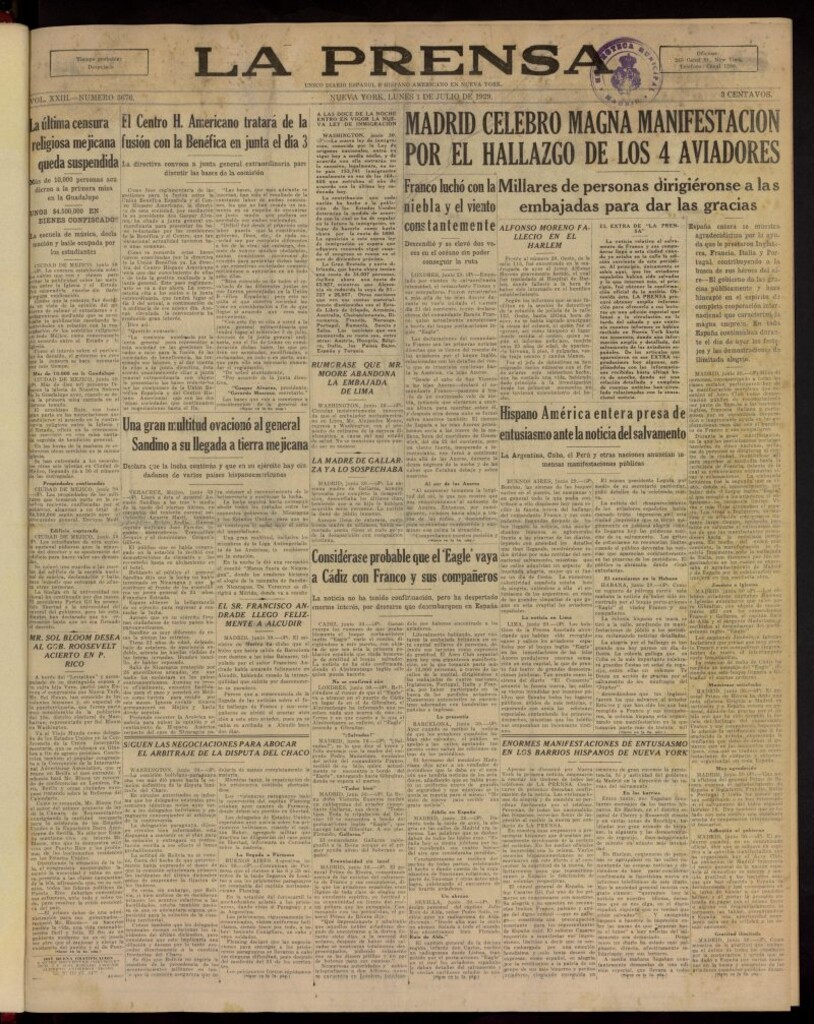 Miniatura de La Prensa: único diario español e hispano americano en Nueva York, del 1 de julio de 1929, nº 3676 [sic]