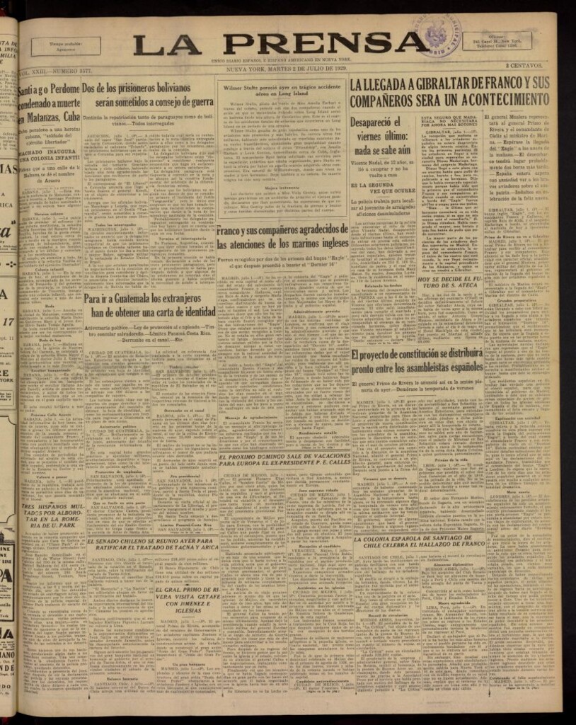 Miniatura de La Prensa: único diario español e hispano americano en Nueva York, del 2 de julio de 1929, nº 3577