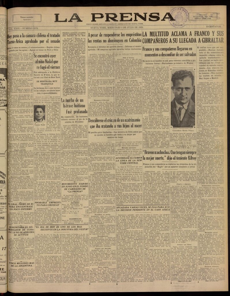 Miniatura de La Prensa: único diario español e hispano americano en Nueva York, del 3 de julio de 1929, nº 3578