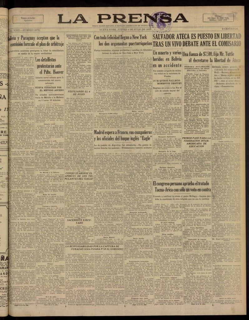 Miniatura de La Prensa: único diario español e hispano americano en Nueva York, del 4 de julio de 1929, nº 3579