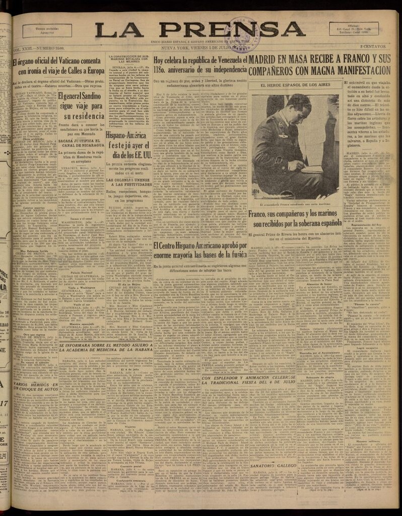 Miniatura de La Prensa: único diario español e hispano americano en Nueva York, del 5 de julio de 1929, nº 3580