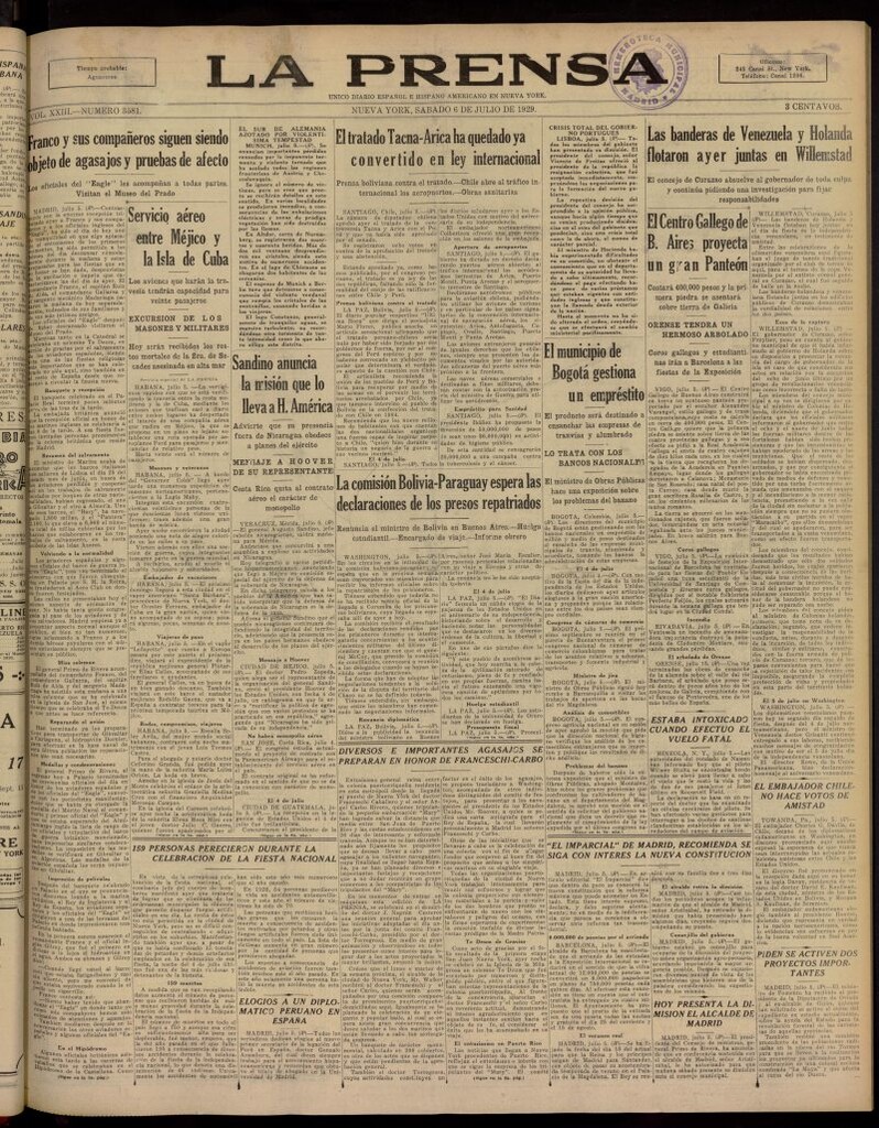 Miniatura de La Prensa: único diario español e hispano americano en Nueva York, del 6 de julio de 1929, nº 3581