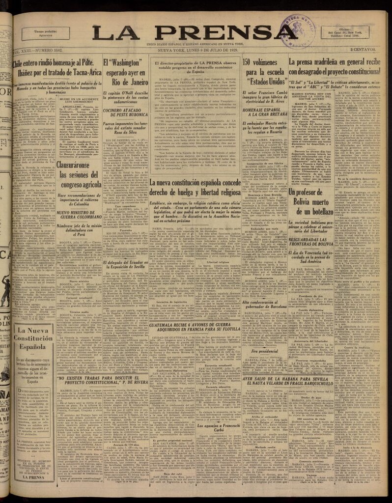 Miniatura de La Prensa: único diario español e hispano americano en Nueva York, del 8 de julio de 1929, nº 3582