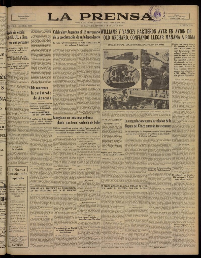 Miniatura de La Prensa: único diario español e hispano americano en Nueva York, del 9 de julio de 1929, nº 3583