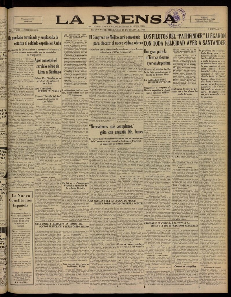 Miniatura de La Prensa: único diario español e hispano americano en Nueva York, del 10 de julio de 1929, nº 3584