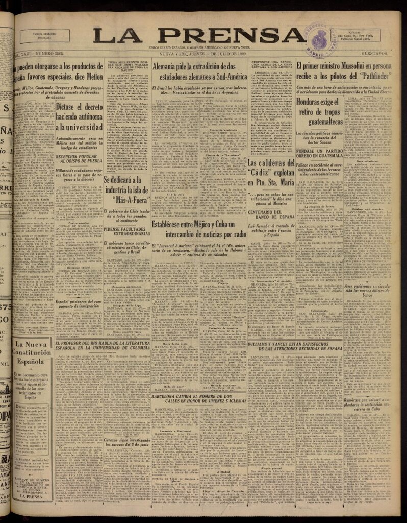 Miniatura de La Prensa: único diario español e hispano americano en Nueva York, del 11 de julio de 1929, nº 3585