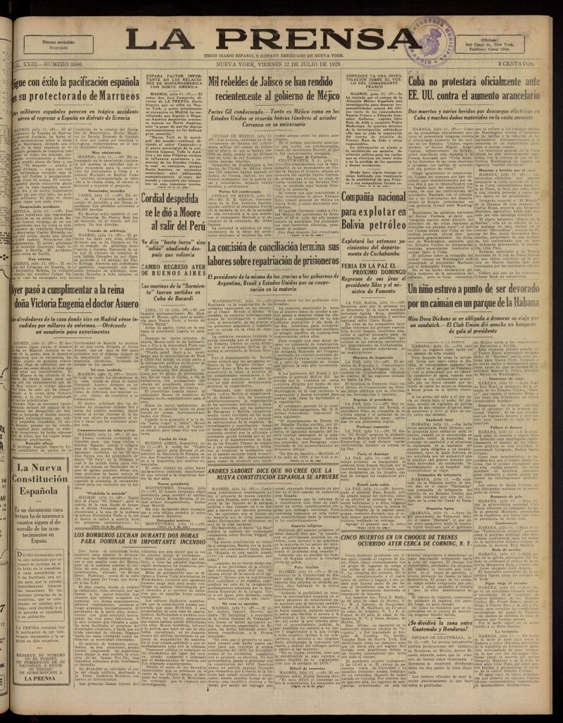 Miniatura de La Prensa: único diario español e hispano americano en Nueva York, del 12 de julio de 1929, nº 3586