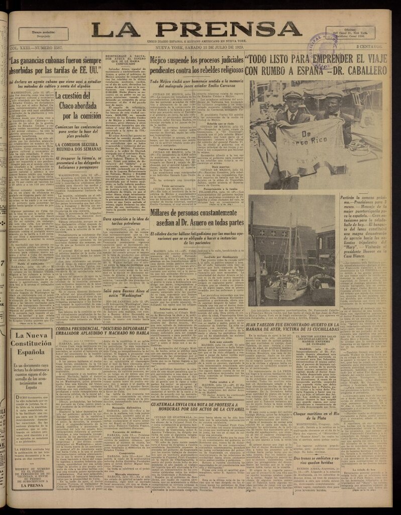 Miniatura de La Prensa: único diario español e hispano americano en Nueva York, del 13 de julio de 1929, nº 3587
