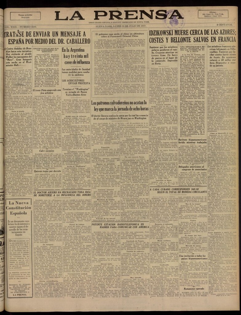 Miniatura de La Prensa: único diario español e hispano americano en Nueva York, del 15 de julio de 1929, nº 3588