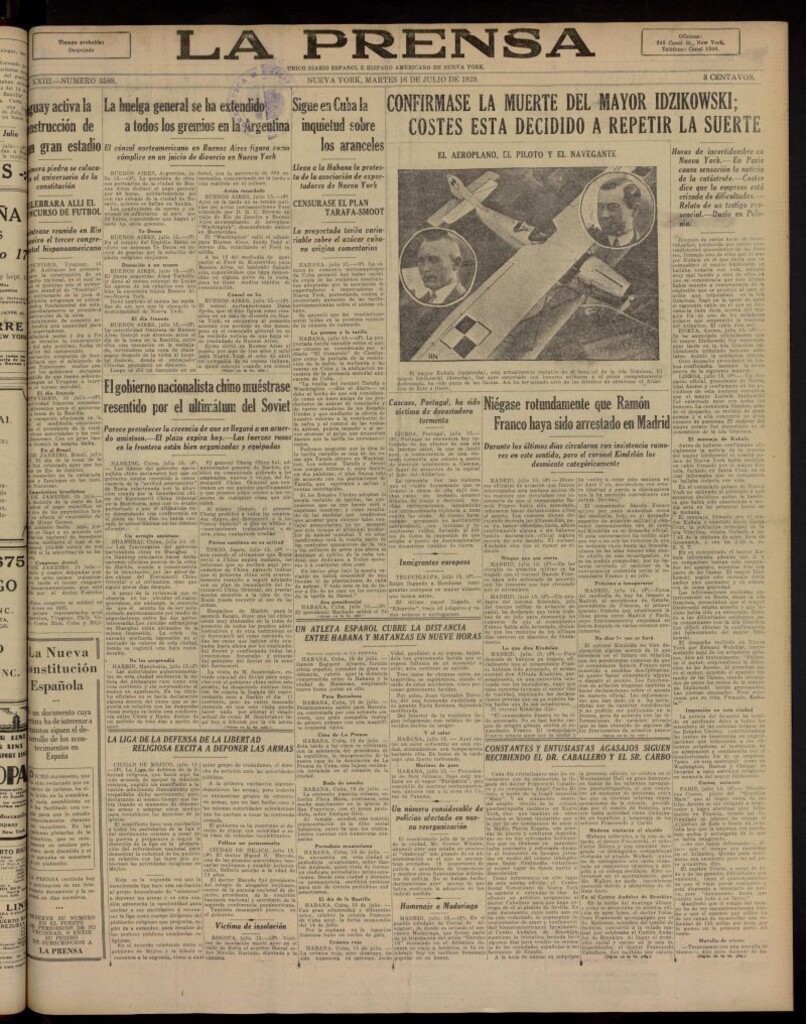 Miniatura de La Prensa: único diario español e hispano americano en Nueva York, del 16 de julio de 1929, nº 3589
