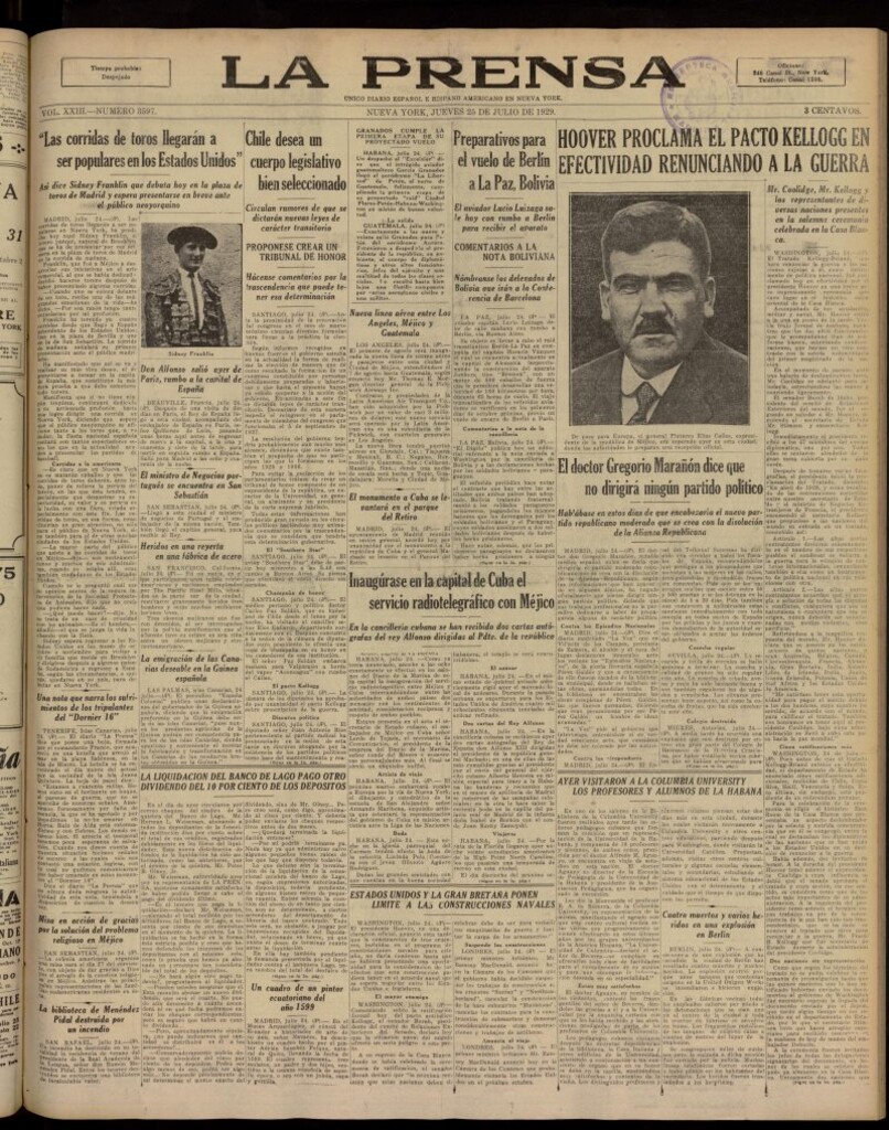 Miniatura de La Prensa: único diario español e hispano americano en Nueva York, del 25 de julio de 1929, nº 3597