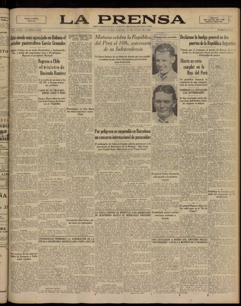 Miniatura de La Prensa: único diario español e hispano americano en Nueva York, del 27 de julio de 1929, nº 3599