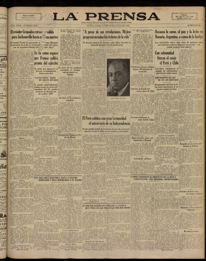 Miniatura de La Prensa: único diario español e hispano americano en Nueva York, del 29 de julio de 1929, nº 3600