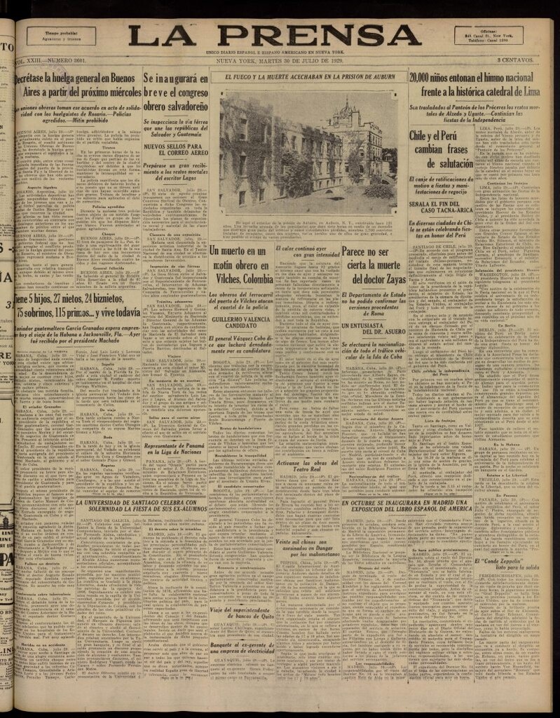 Miniatura de La Prensa: único diario español e hispano americano en Nueva York, del 30 de julio de 1929, nº 3601