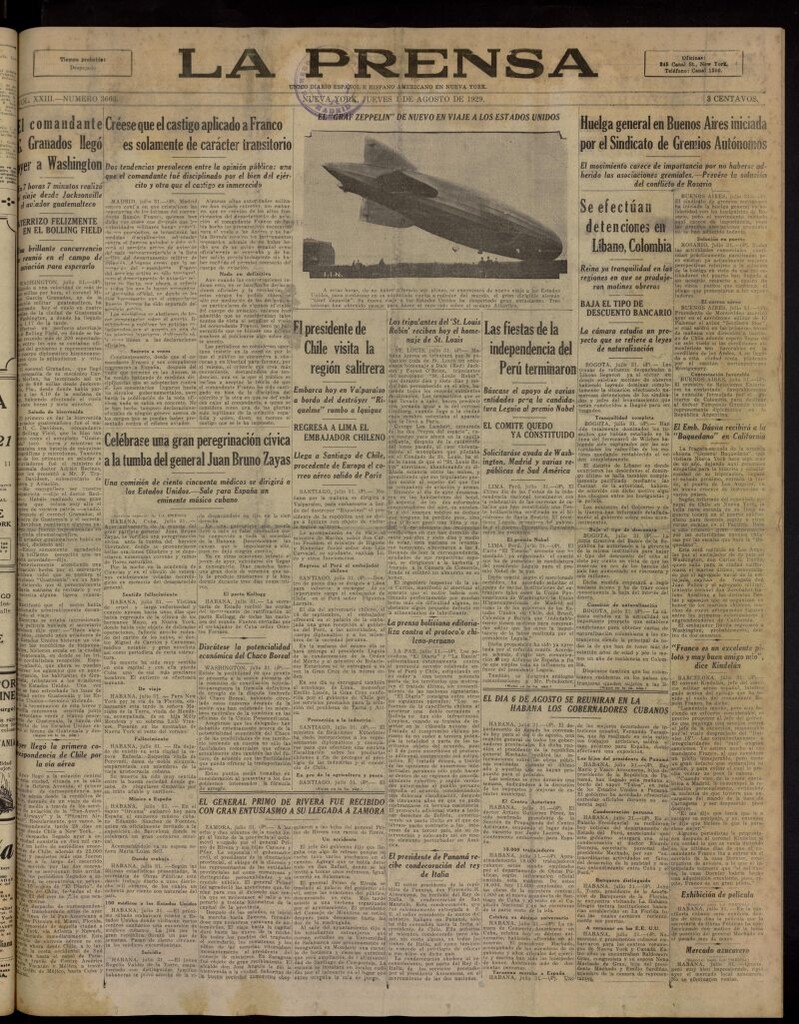 Miniatura de La Prensa: único diario español e hispano americano en Nueva York, del 1 de agosto de 1929, nº 3603