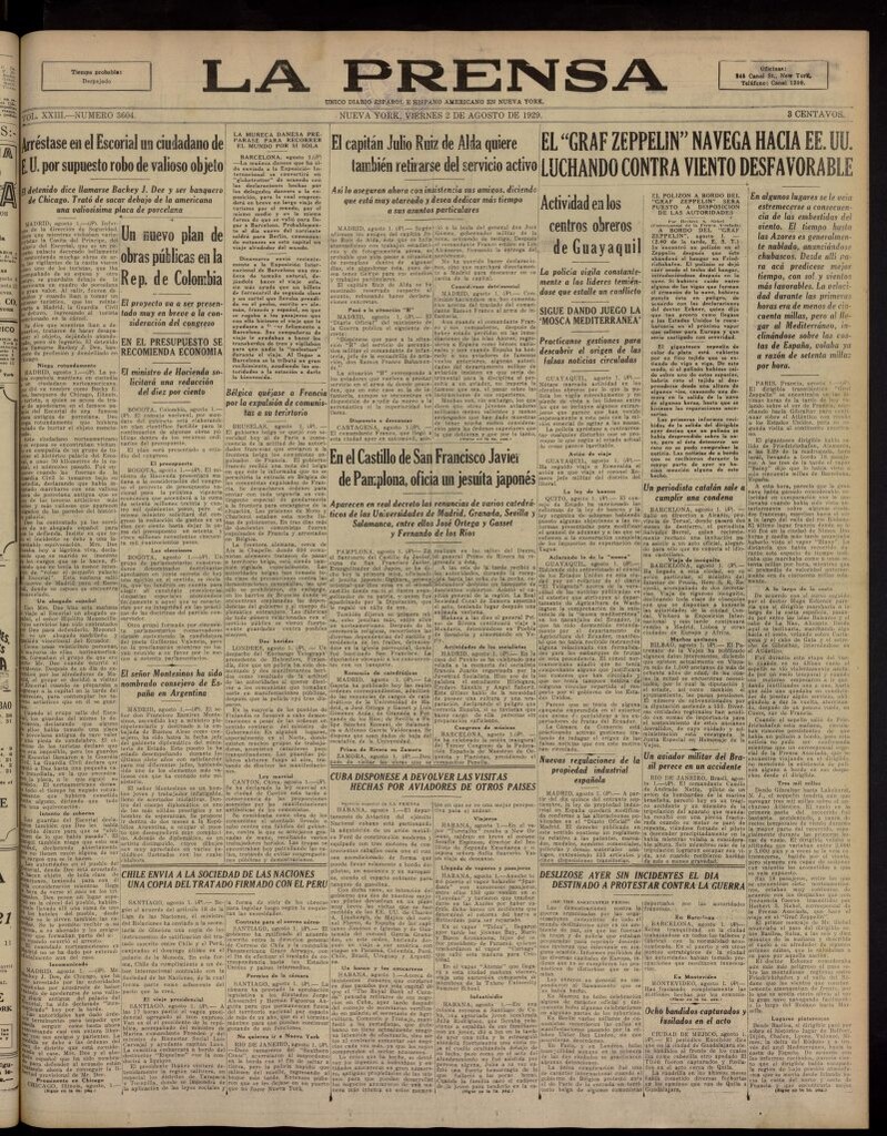 Miniatura de La Prensa: único diario español e hispano americano en Nueva York, del 2 de agosto de 1929, nº 3604