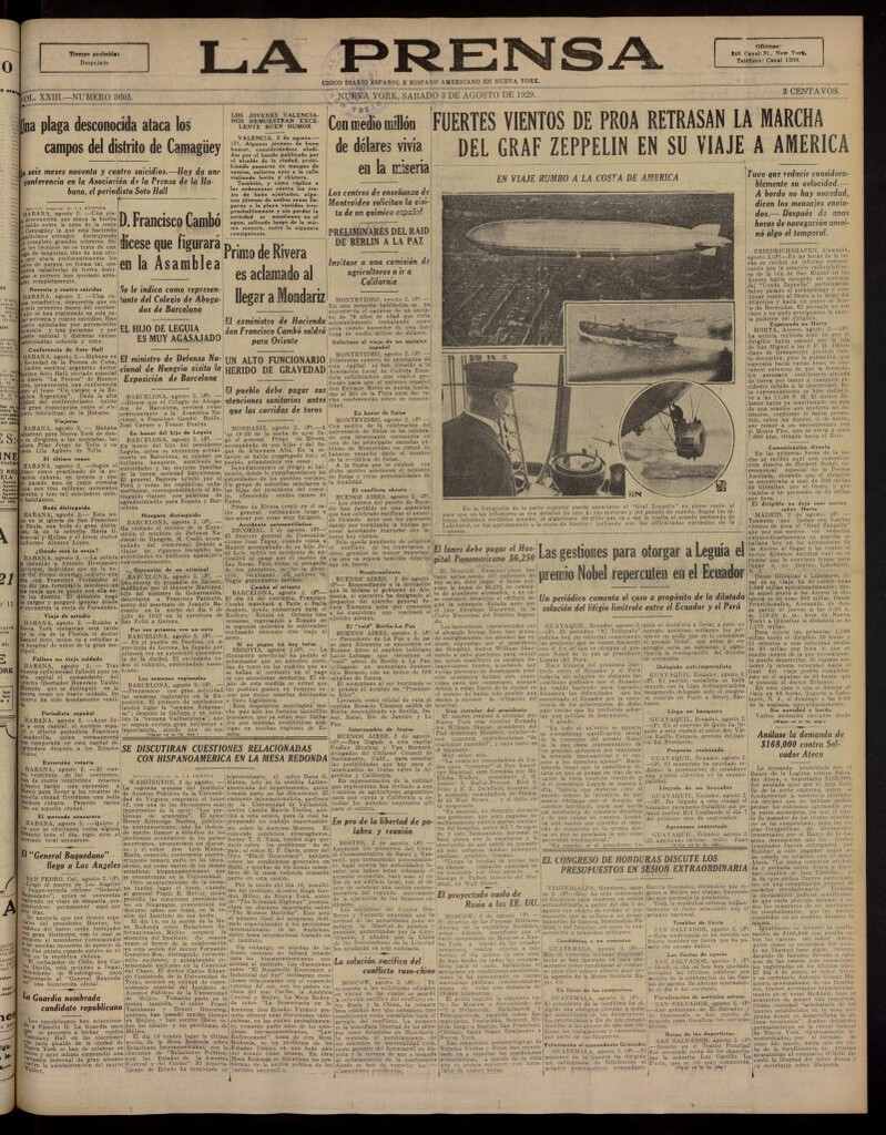 Miniatura de La Prensa: único diario español e hispano americano en Nueva York, del 3 de agosto de 1929, nº 3605