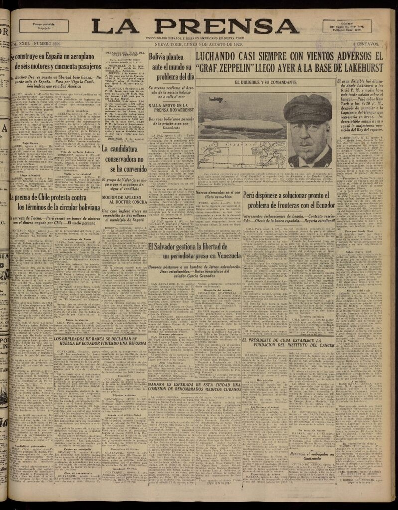 Miniatura de La Prensa: único diario español e hispano americano en Nueva York, del 5 de agosto de 1929, nº 3606