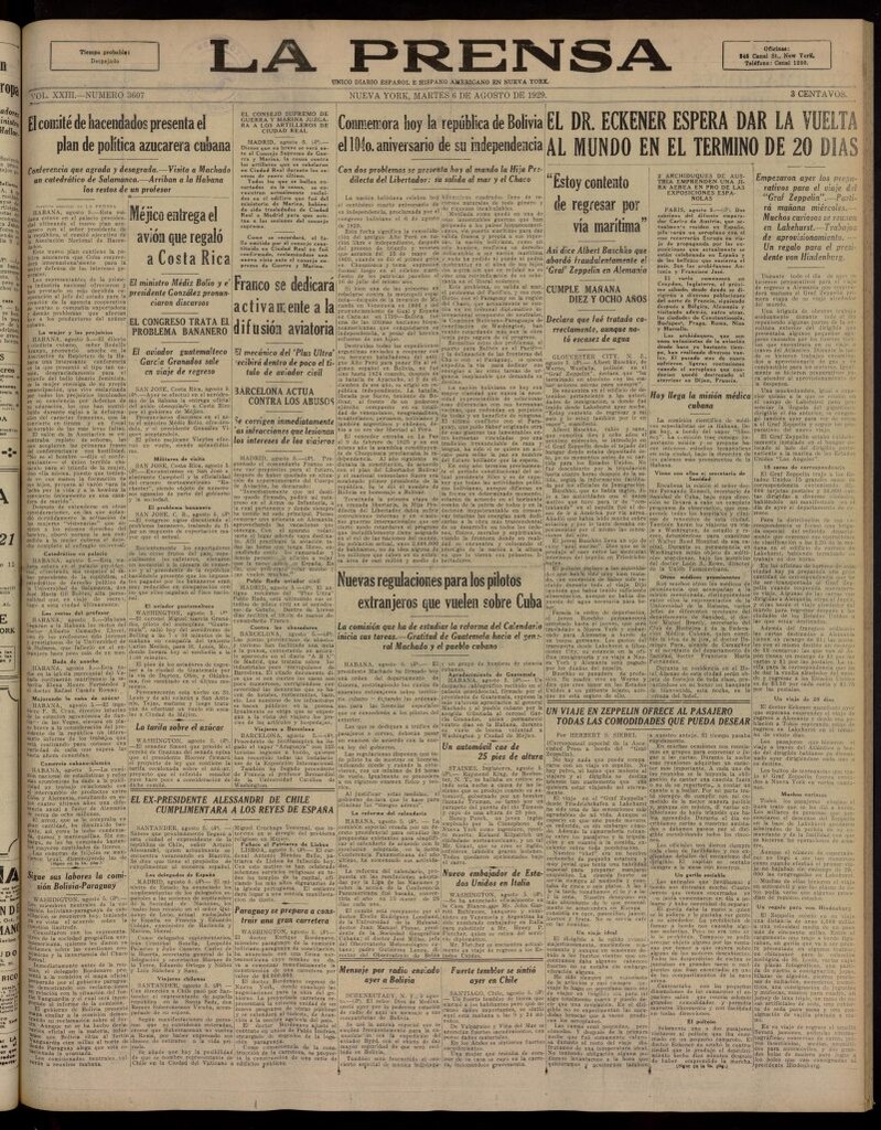 Miniatura de La Prensa: único diario español e hispano americano en Nueva York, del 6 de agosto de 1929, nº 3607