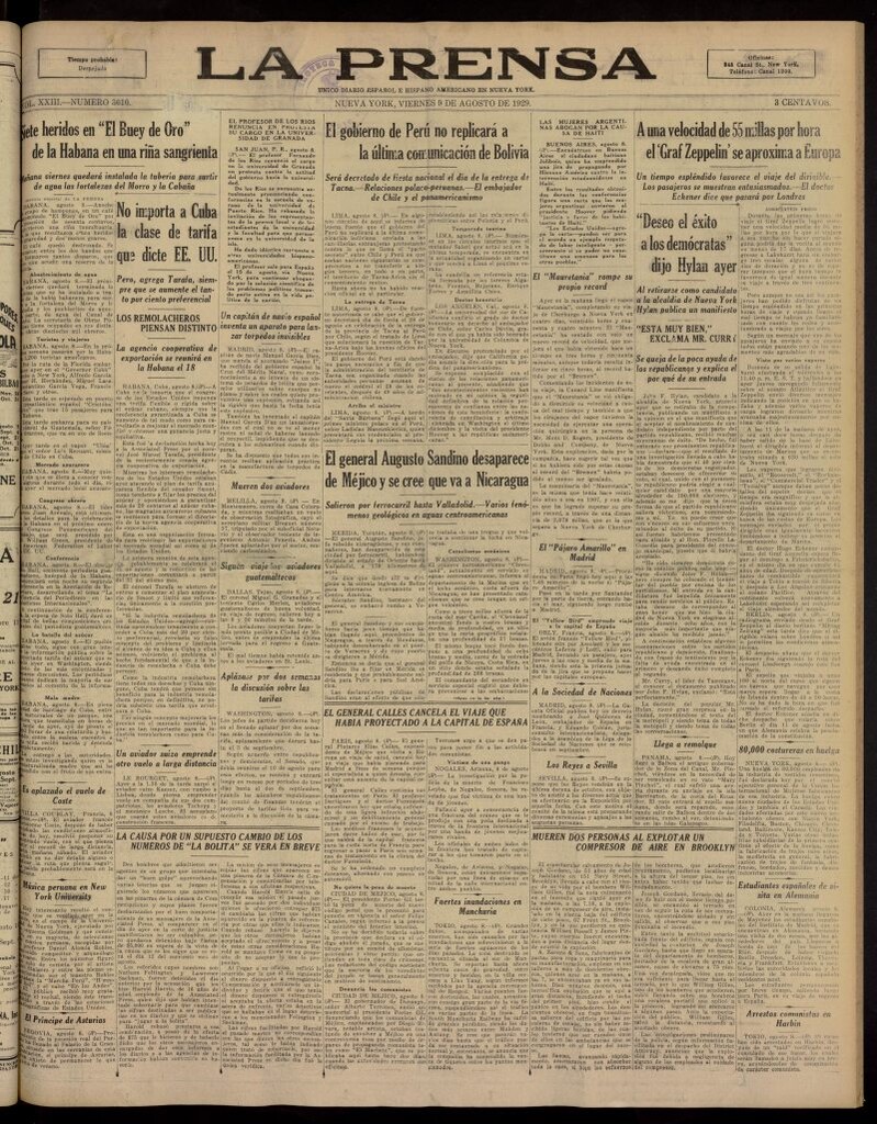 Miniatura de La Prensa: único diario español e hispano americano en Nueva York, del 9 de agosto de 1929, nº 3610