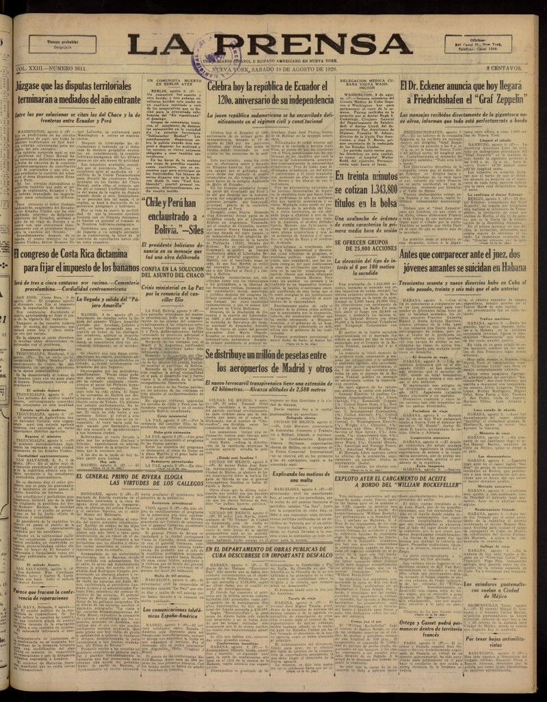 Miniatura de La Prensa: único diario español e hispano americano en Nueva York, del 10 de agosto de 1929, nº 3611