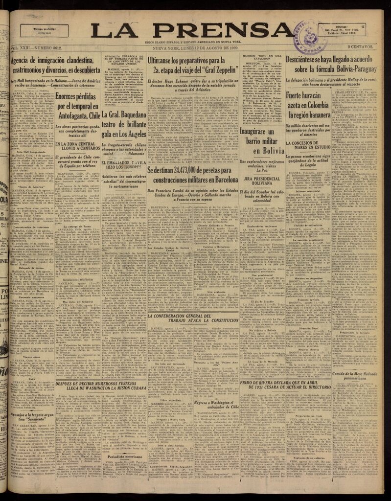Miniatura de La Prensa: único diario español e hispano americano en Nueva York, del 12 de agosto de 1929, nº 3612