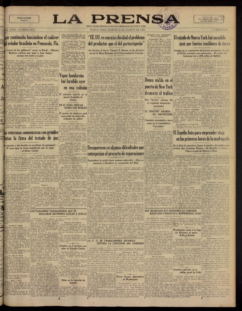 Miniatura de La Prensa: único diario español e hispano americano en Nueva York, del 13 de agosto de 1929, nº 3613