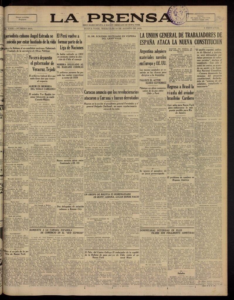 Miniatura de La Prensa: único diario español e hispano americano en Nueva York, del 14 de agosto de 1929, nº 3614