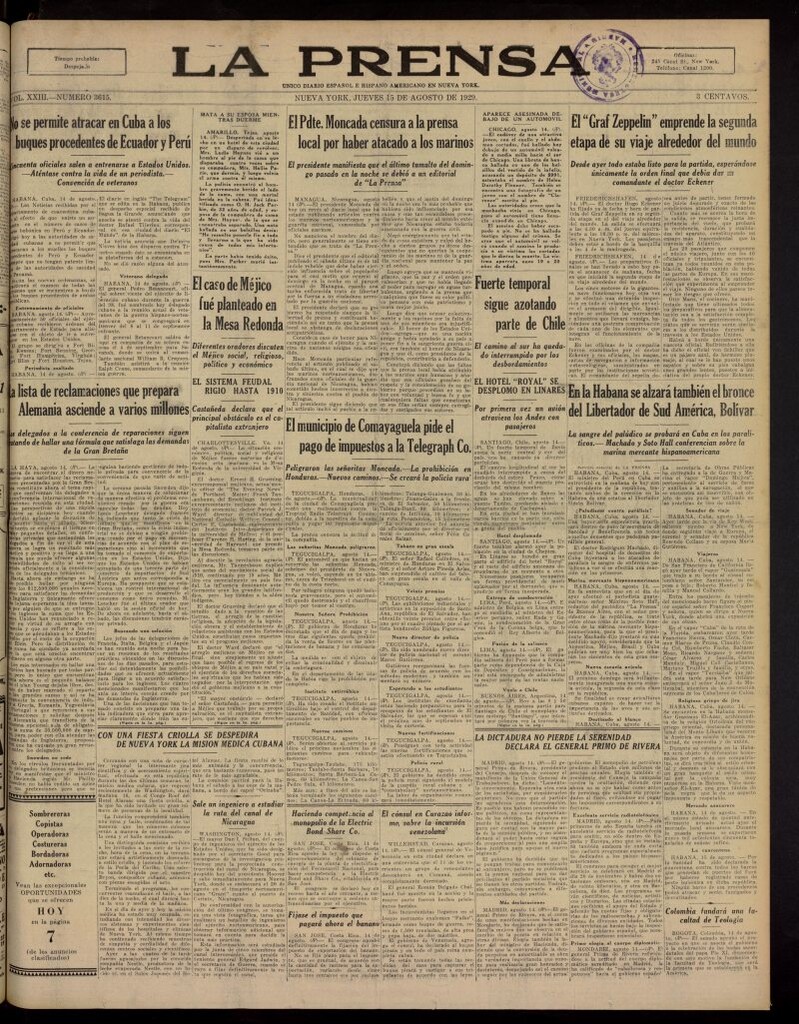 Miniatura de La Prensa: único diario español e hispano americano en Nueva York, del 15 de agosto de 1929, nº 3615