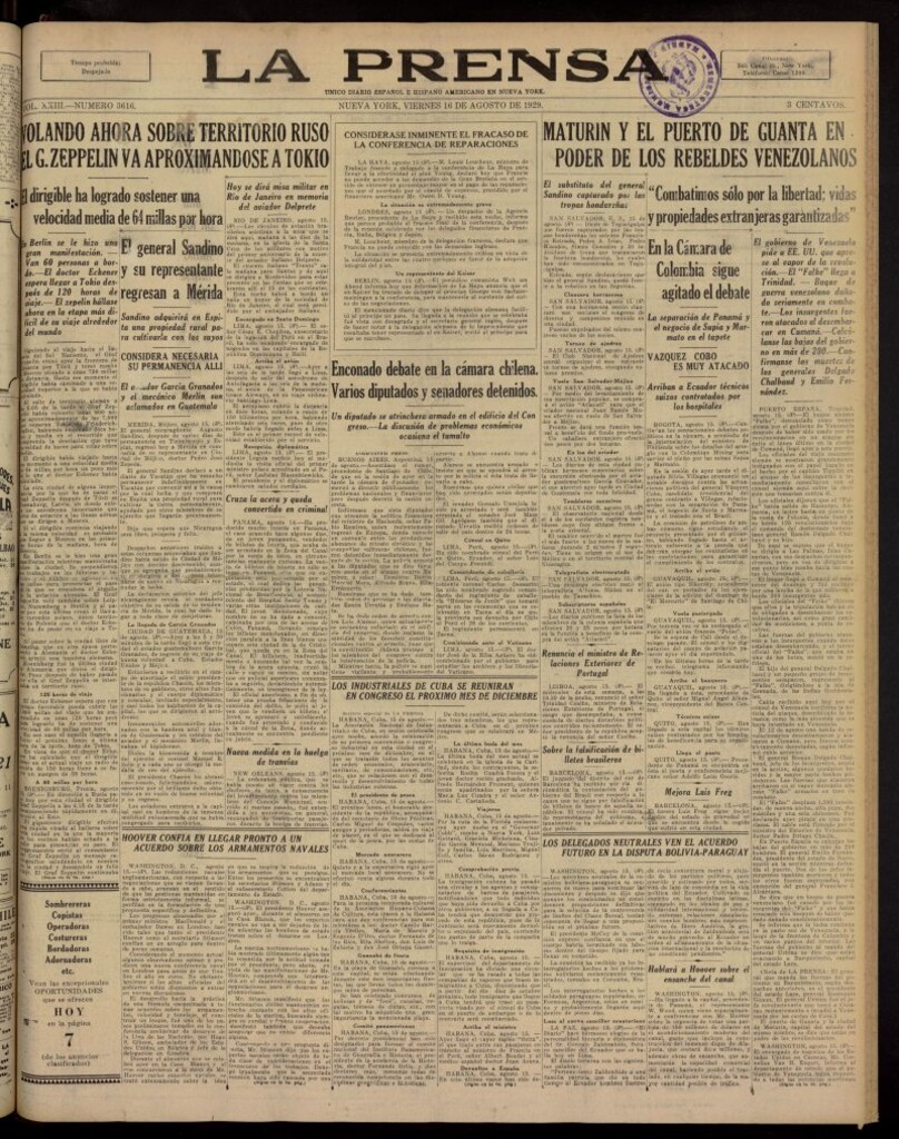 Miniatura de La Prensa: único diario español e hispano americano en Nueva York, del 16 de agosto de 1929, nº 3616