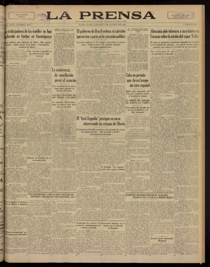 Miniatura de La Prensa: único diario español e hispano americano en Nueva York, del 17 de agosto de 1929, nº 3617